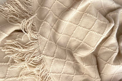 Clay white knitted heated  blanket with tassels on a white background