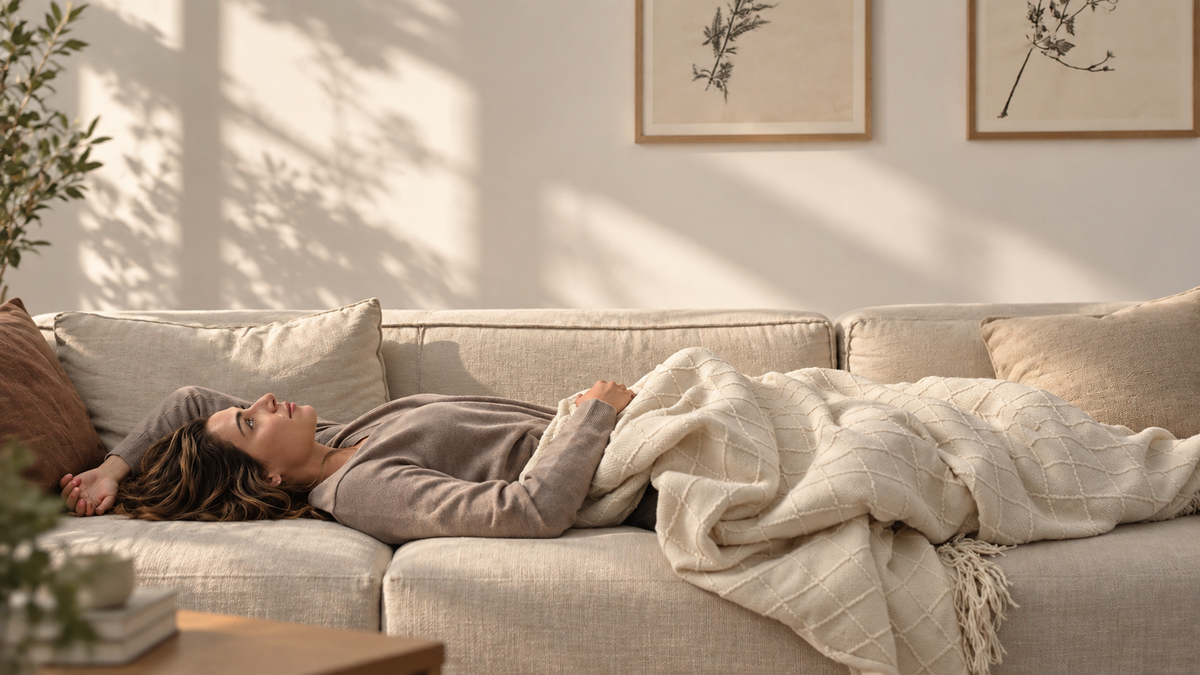 A woman wrapped in a BOHEM heated blanket on the sofa