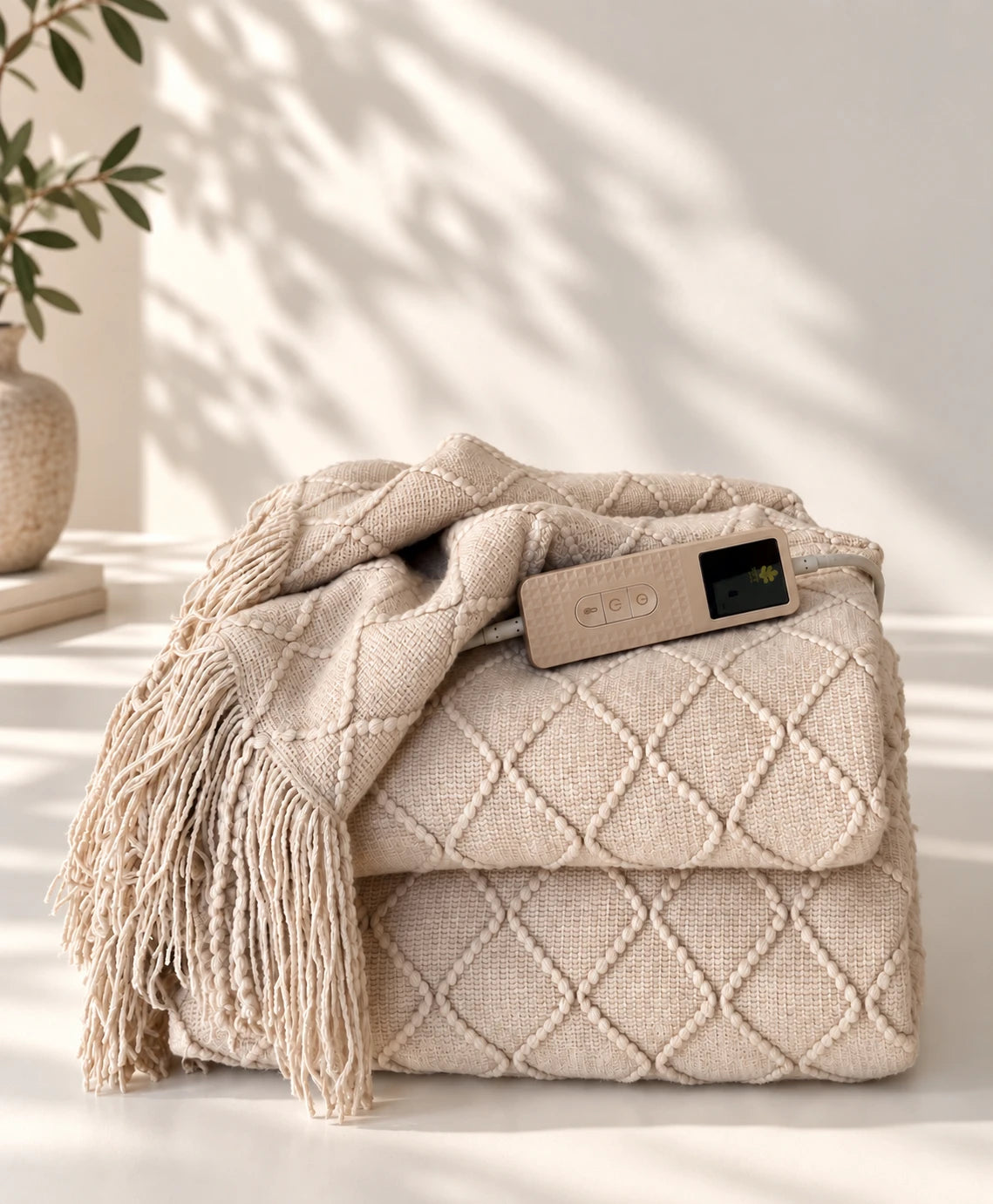 BOHEM Design Heated Sofa Blanket folded with its controller