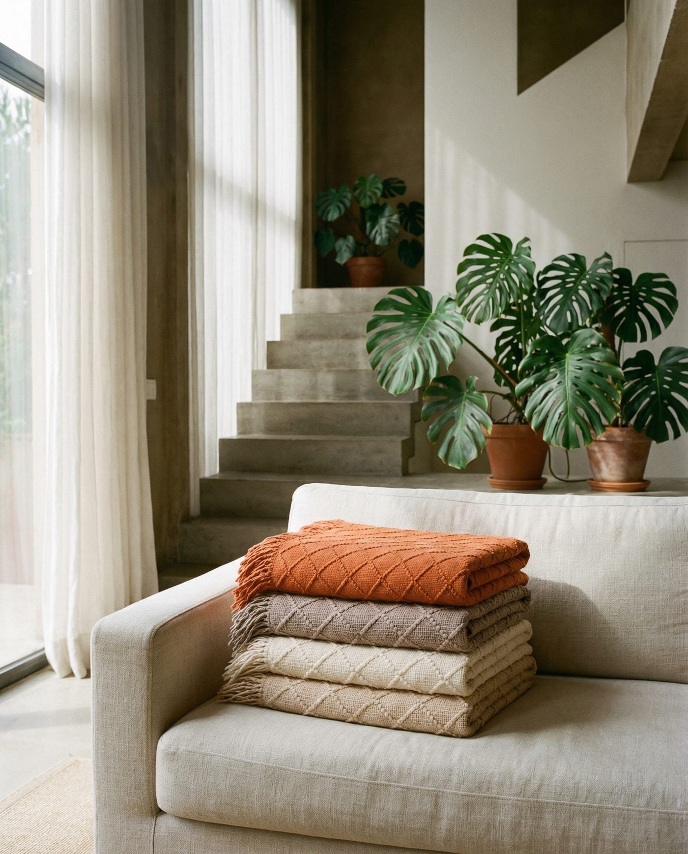 BOHEM blankets folded in a stack on a linen sofa